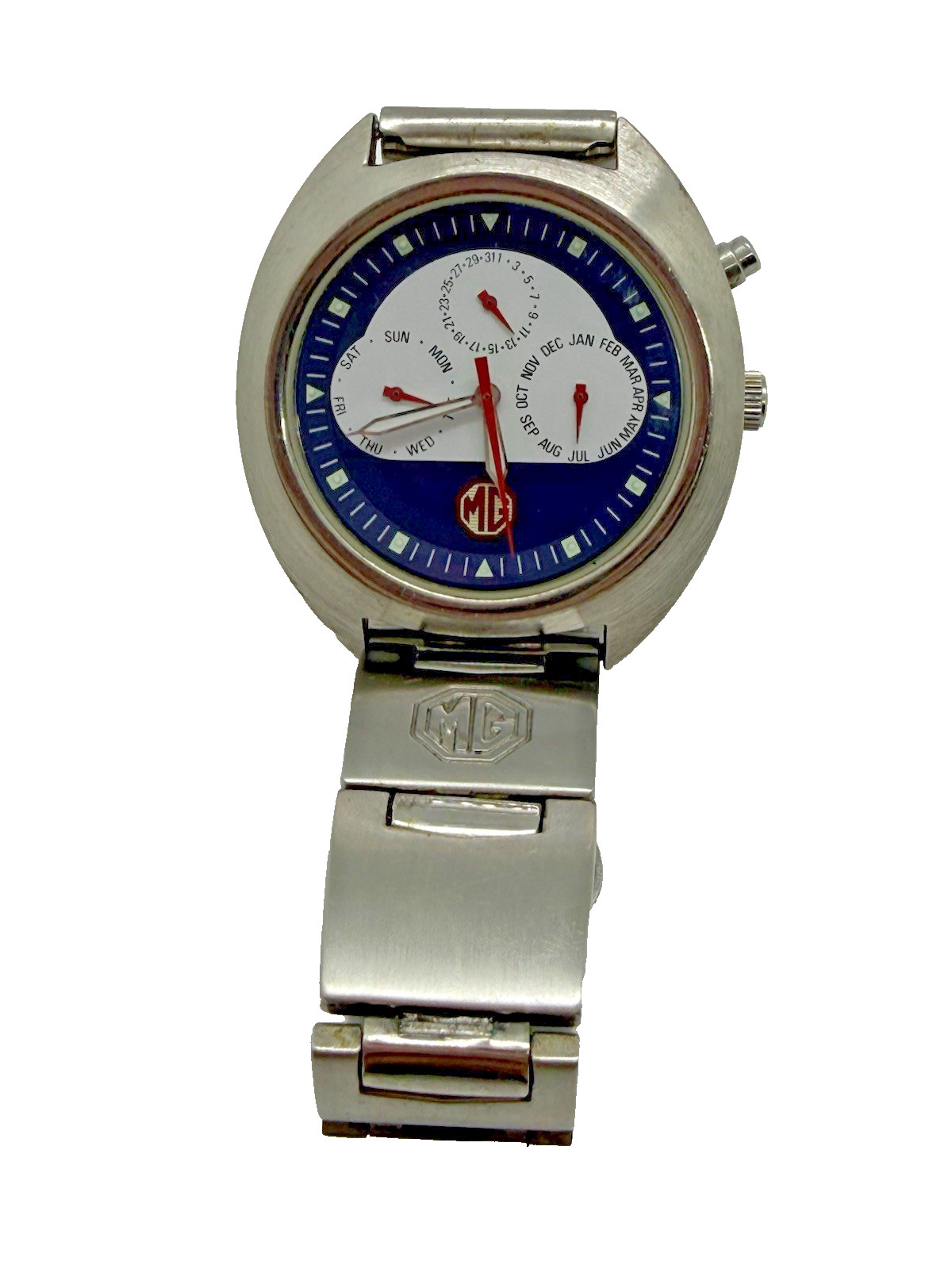 MG Morris Garages Men’s Watch Multi Dial Month Day Date MG008 5ATM Silver Tone