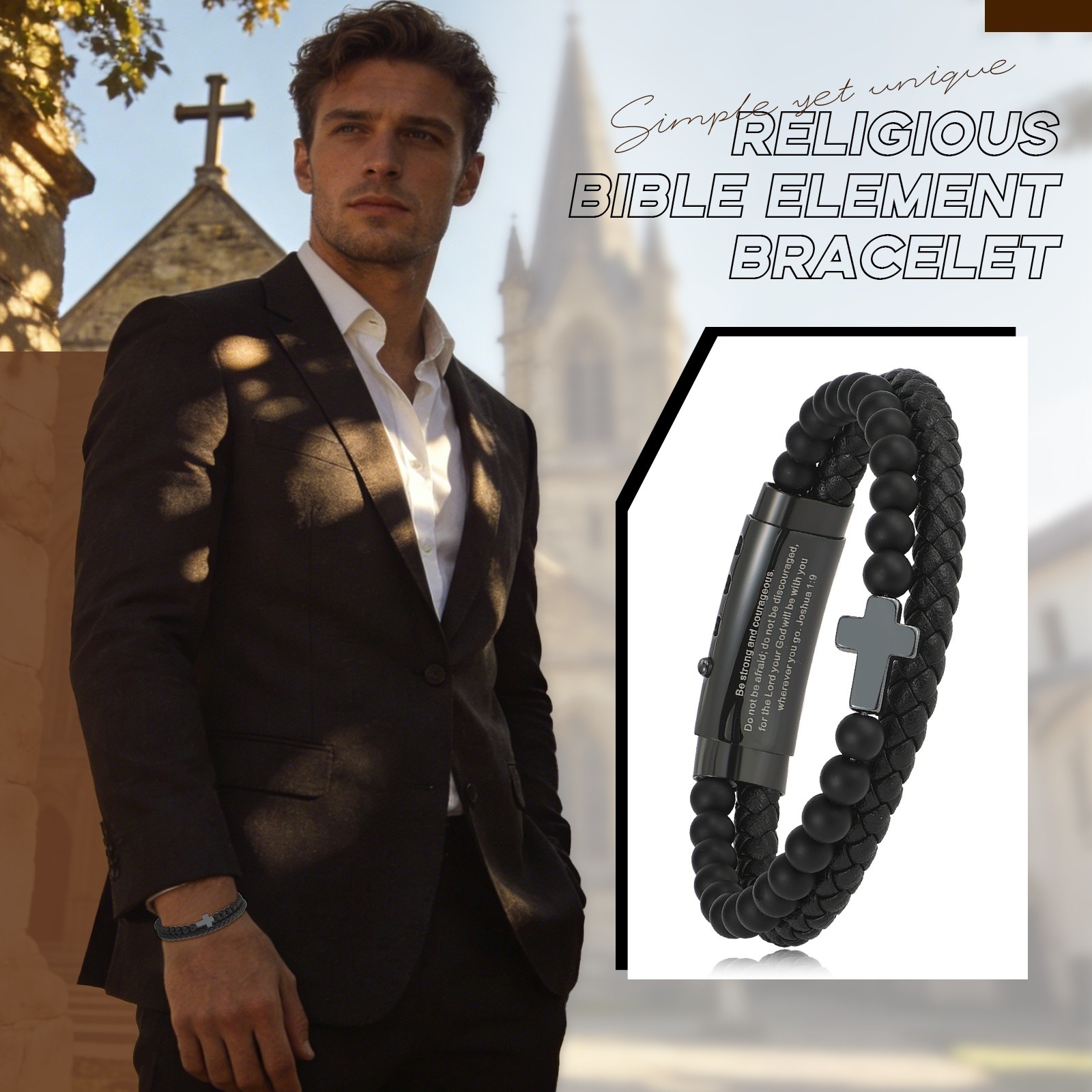 Men’s Inspirational Bible Verse Cross PU Leather Bracelet Braided Christian Cuff
