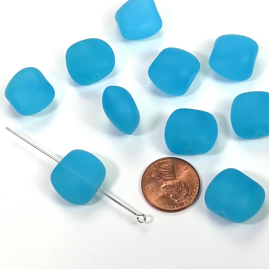 Czech Pressed Druk Chunky Pillow Glass Beads, 15x17mm Aqua Blue Matted, 10 pcs