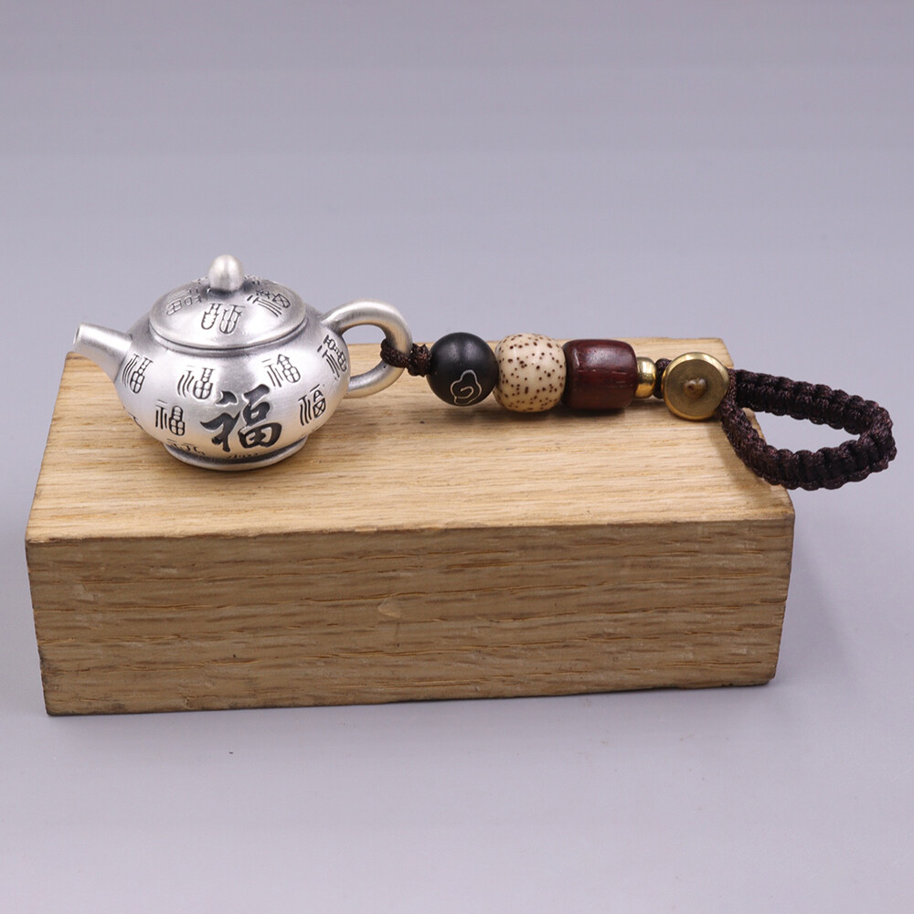 Pure S999 Fine Silver 999 Handmade Lucky Fu Teapot Pendant 25-26g 36*25mm