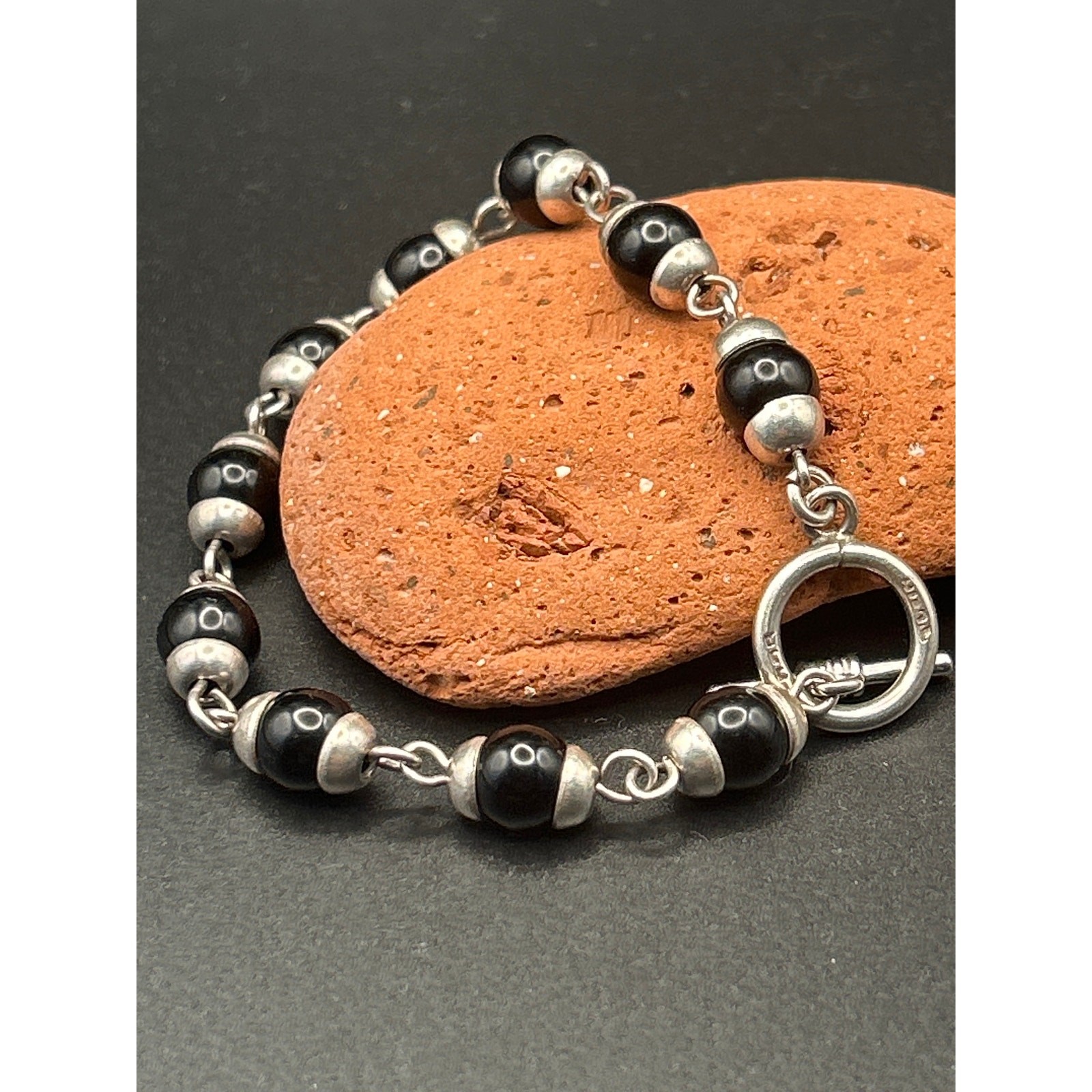 Vintage Mexican 925 Sterling Silver Black Onyx Bead Bracelet 6.5″ Toggle