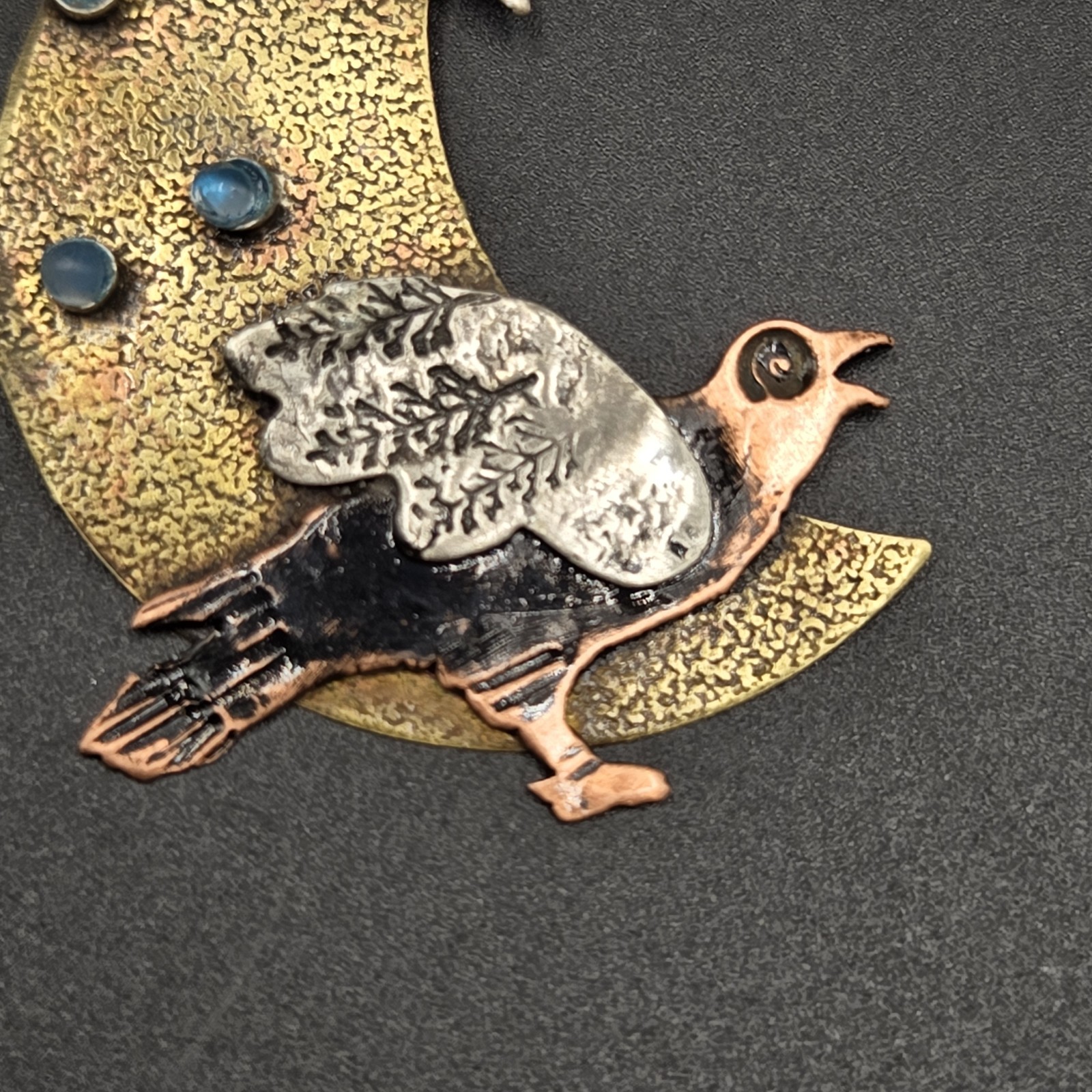Eclectic Handmade Gold & Silver Tone Moon, Bird and Sun Pendant