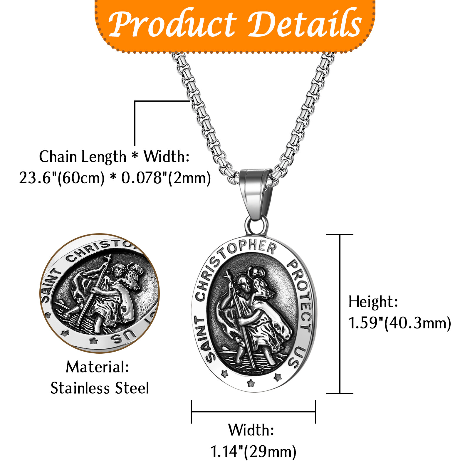 St. Christopher Medal Religious Amulet Pendant Stainless Steel Catholic Necklace