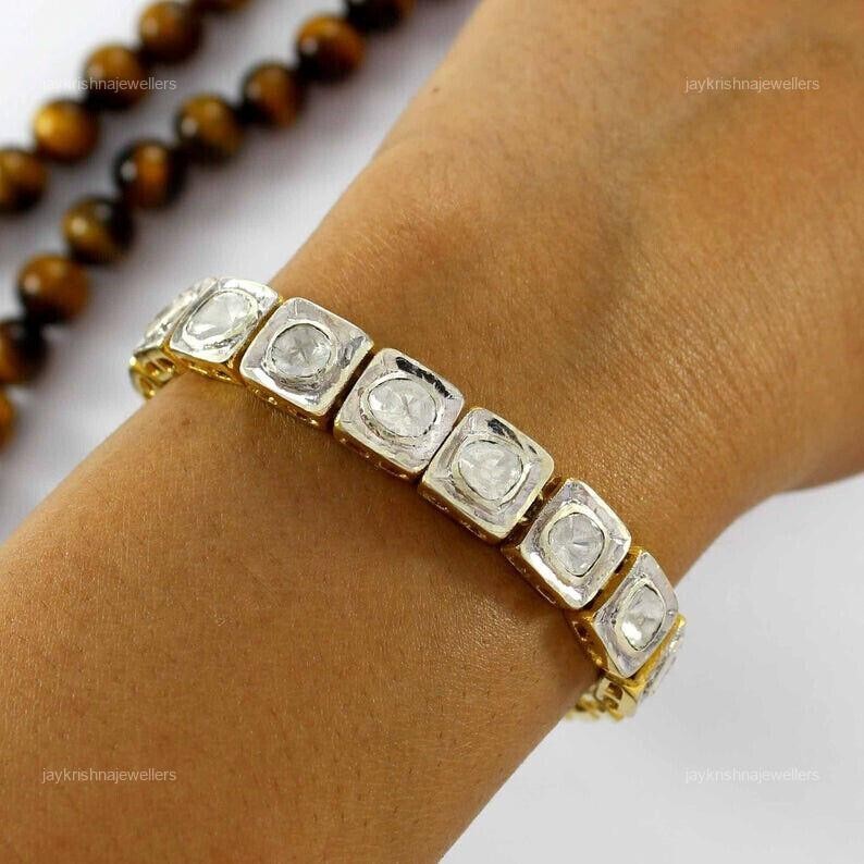 Polki Diamond Bracelet, 925 Silver Square Cut Tennis Christmas Gift Bracelet