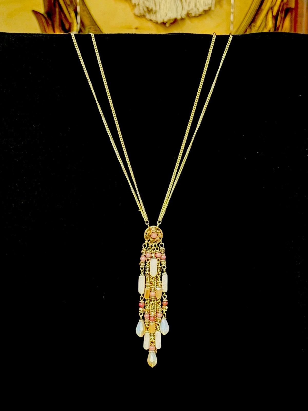 Beautiful Gold-plated Pink & White Beaded Tassel Pendant Necklace 20″