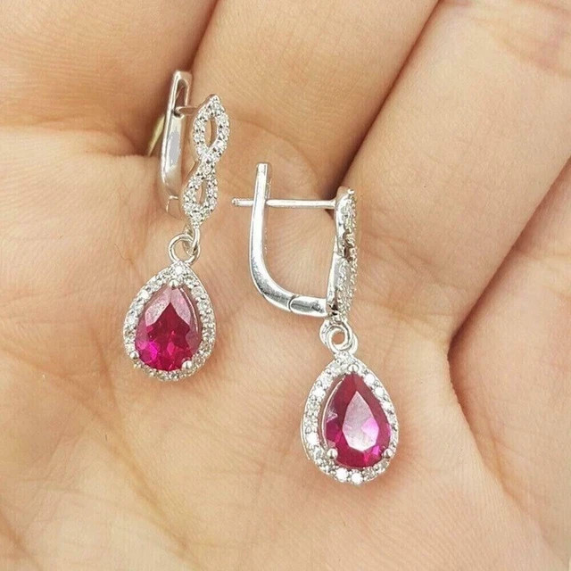 2.15 Ct Pear Cut Lab Created Ruby Drop Dangle Earrings In 14K White Gold Plated