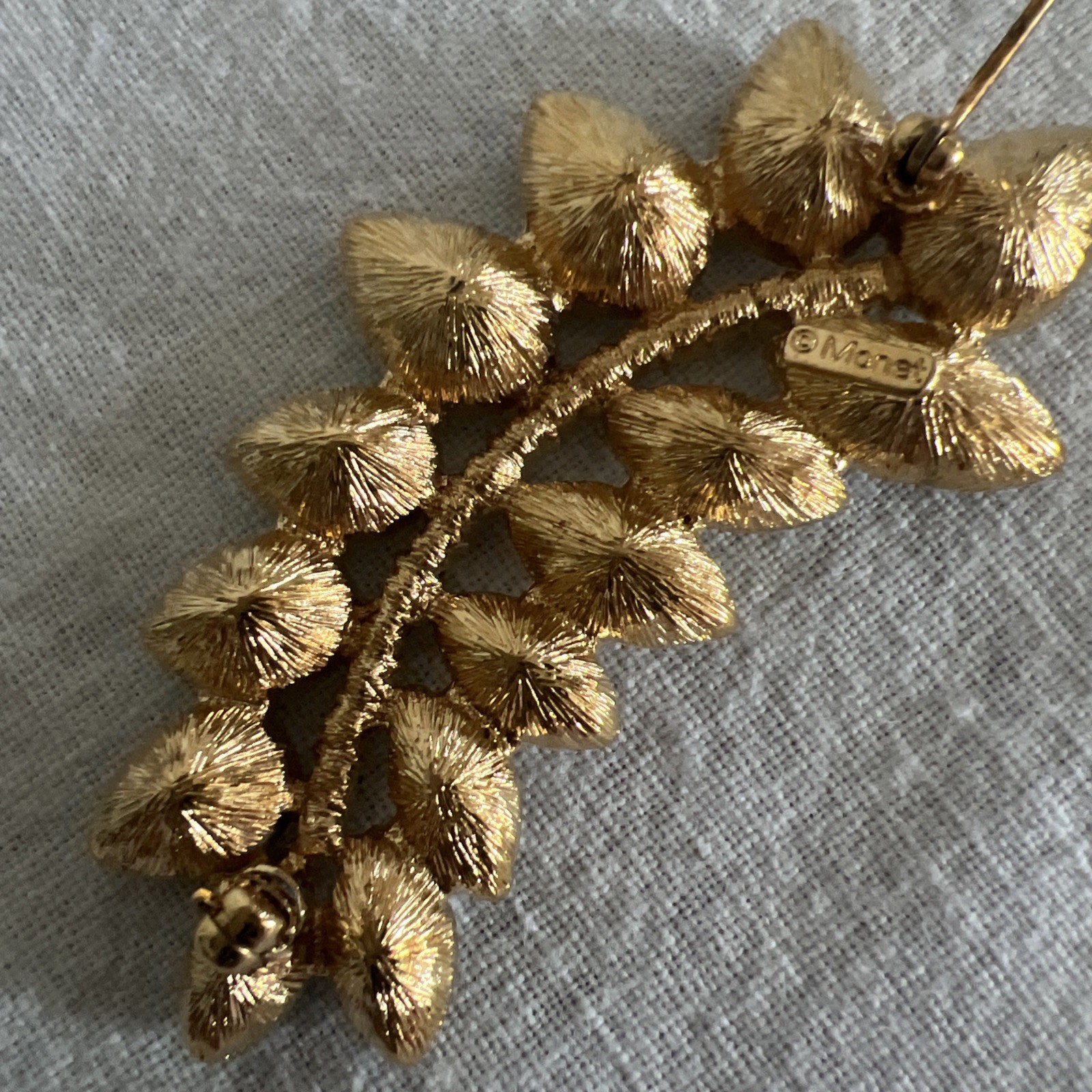 Vtg Signed Monet Gold Tone Leaf White Rhinestones Brooch Statement Pin 2 5/8 in