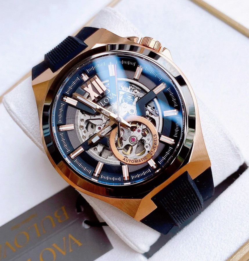 Bulova Maquina Automatic 98A177 Sapphire Rose Gold Black Dial Silicone Watch