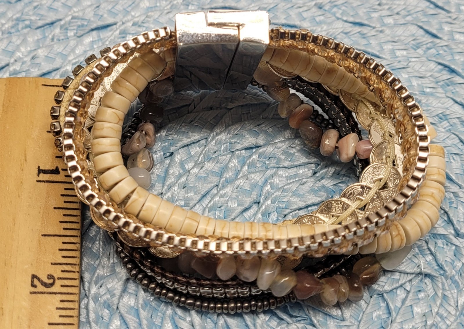 Victoria Emerson Natural Beaded Wrap Cuff Bracelet Multi Strand, Layered Magnet