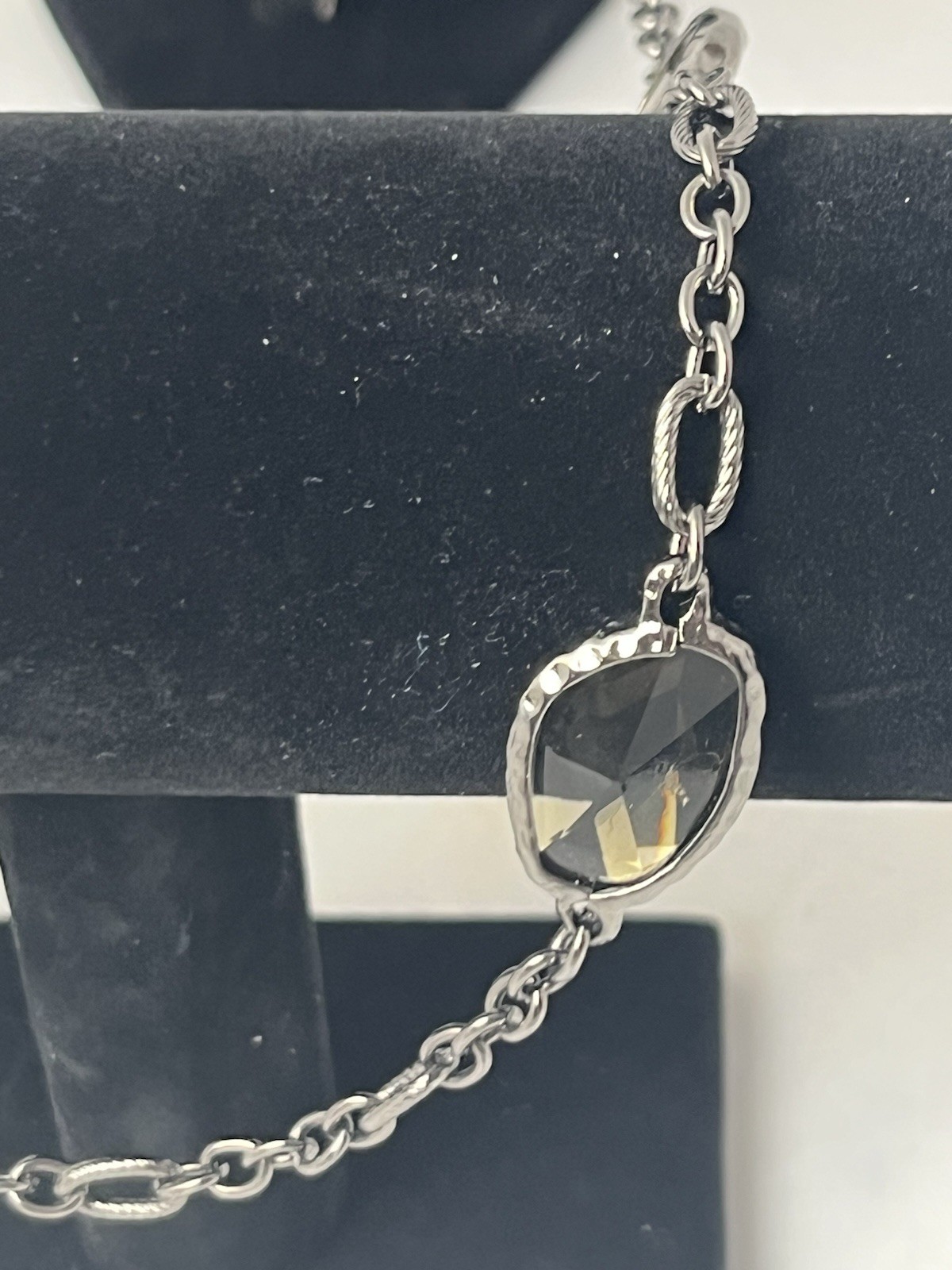 Chicos Long Silver Tone Chain With Black Glass Beads