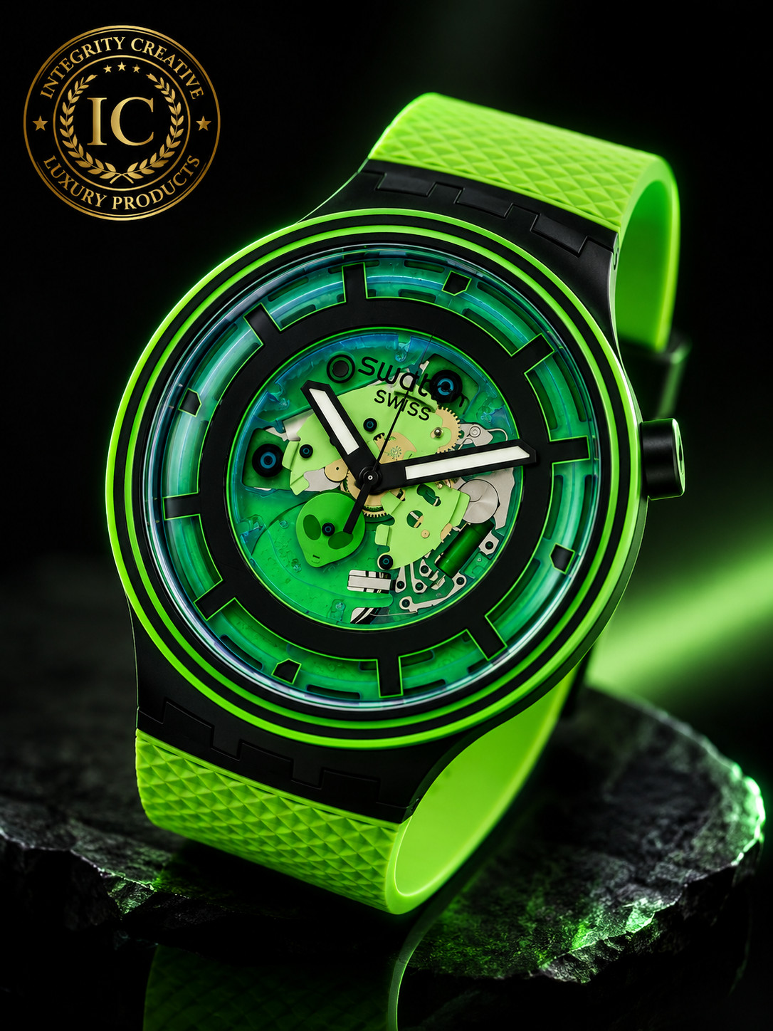Men’s Swatch Clear Watch Big Bold Come in Peace 47mm Neon Green Silicone Strap