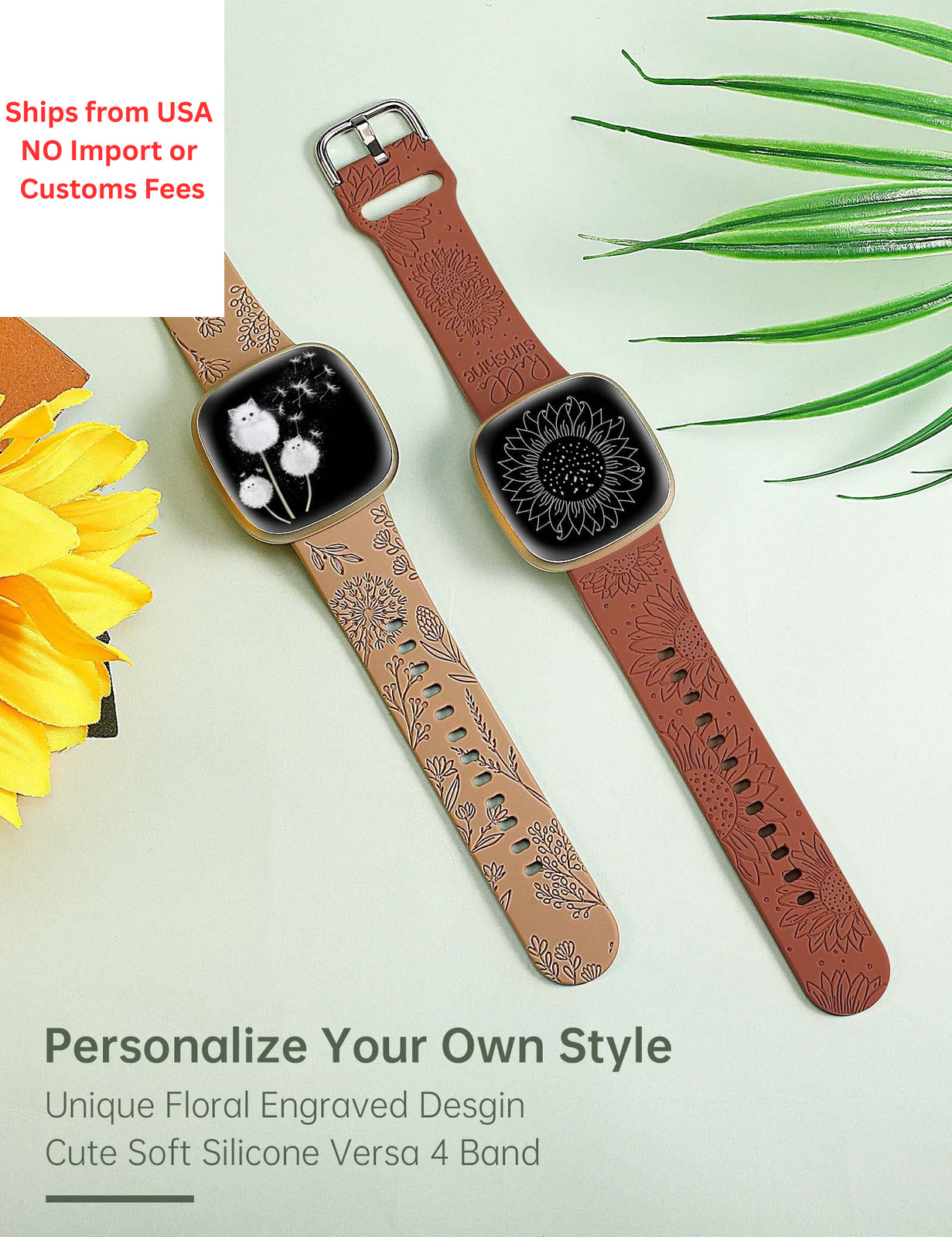 Minyee 2 Packs Floral Only for Versa 4/Versa 3/Sense 2/Sense, Walnut & Brown