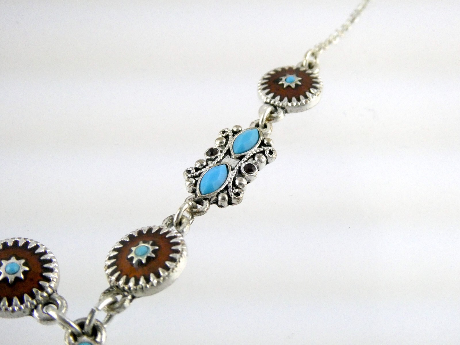 NAT Designer Southwestern Silvertone Metal and Enamel Blue and Brown Necklace