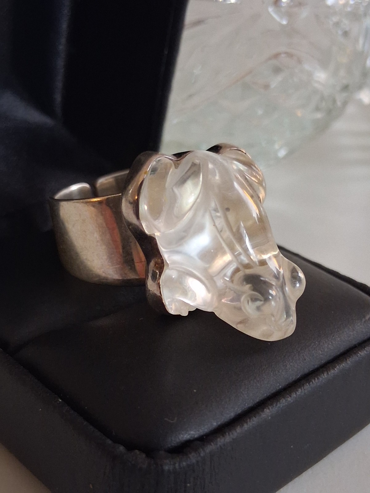 Hand Carved Rock Crystal Quartz Frog Statement Ring Size 10 Sterling Silver NIB