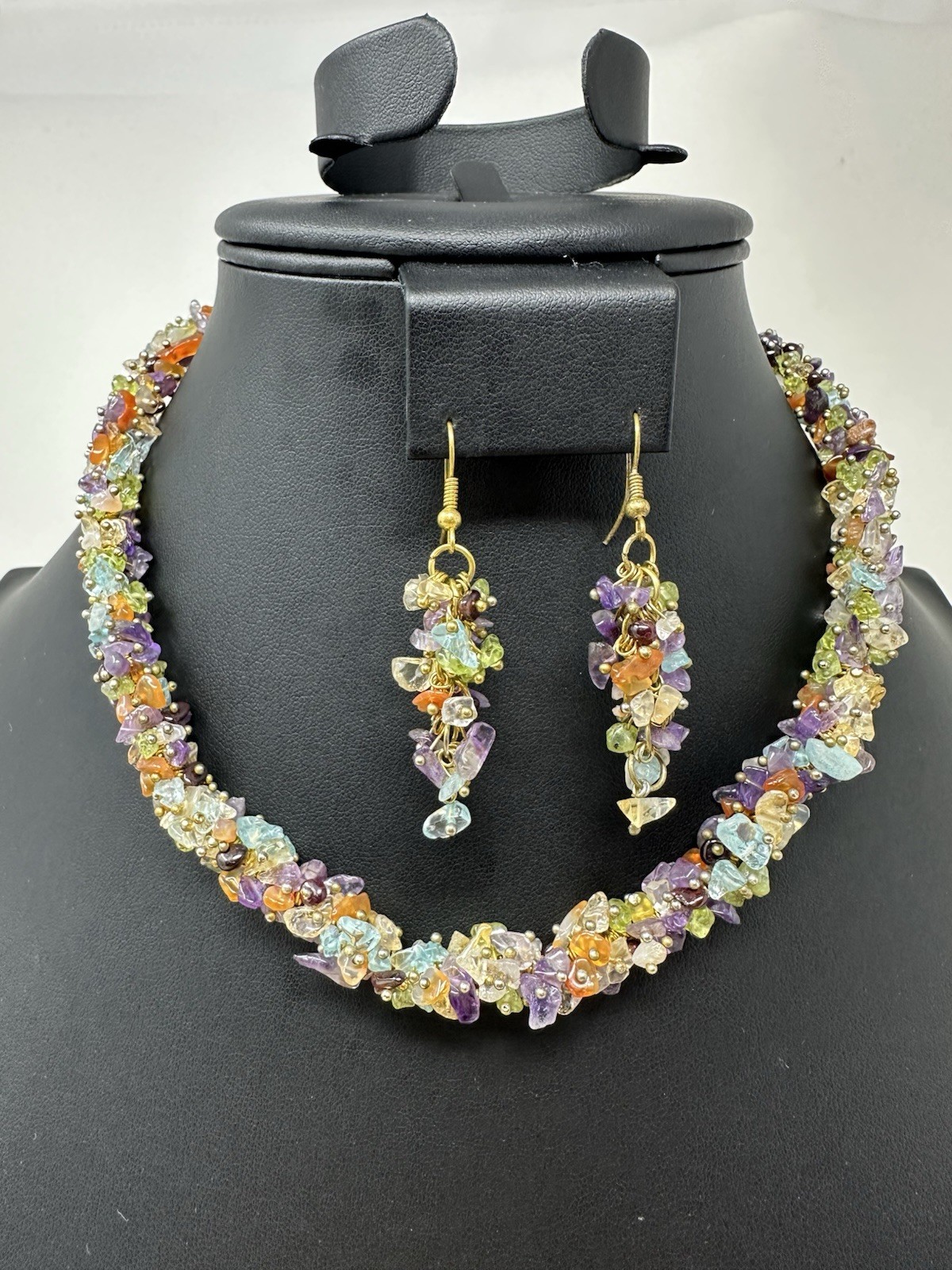 Sterling Silver Multiple Various Gemstone Choker Necklace & Earrings 70g 16 Inch