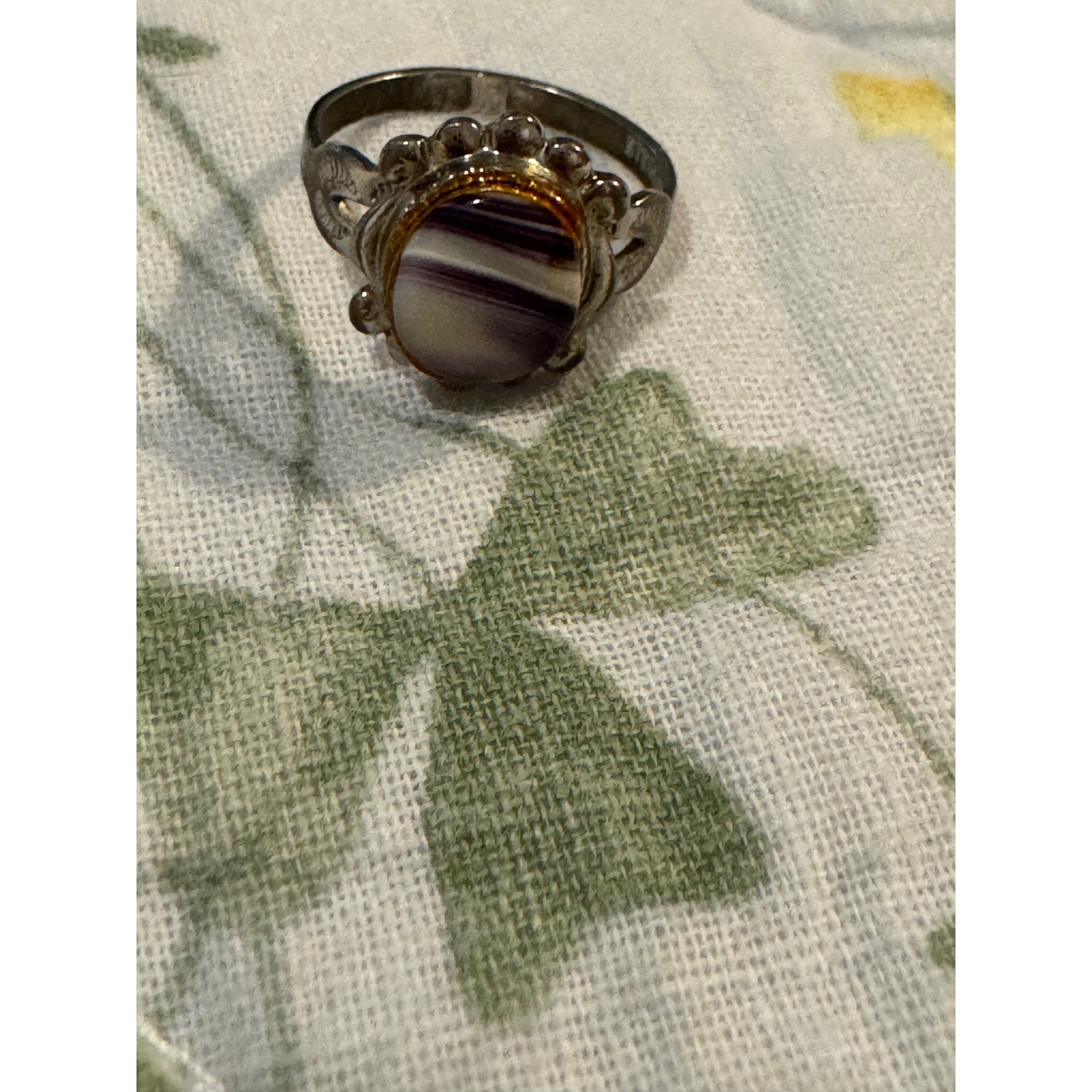 Vintage BAR-TAN Sterling Silver Banded Purple Agate Ring Mid-Century Sz 5