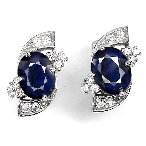 GENUINE OVAL 9x7mmDEEP BLUE SAPPHIRE DIFFUSION-W CZ STERLING 925 SILVER EARRINGS