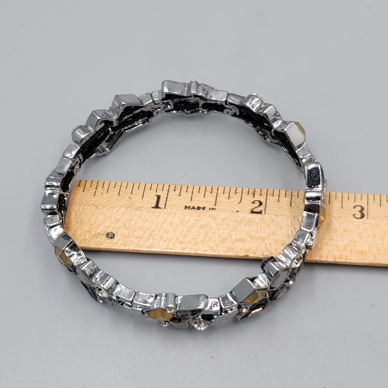 Black Yellow Rhinestone Bracelet Gun Metal Gray Metal Elastic 7″