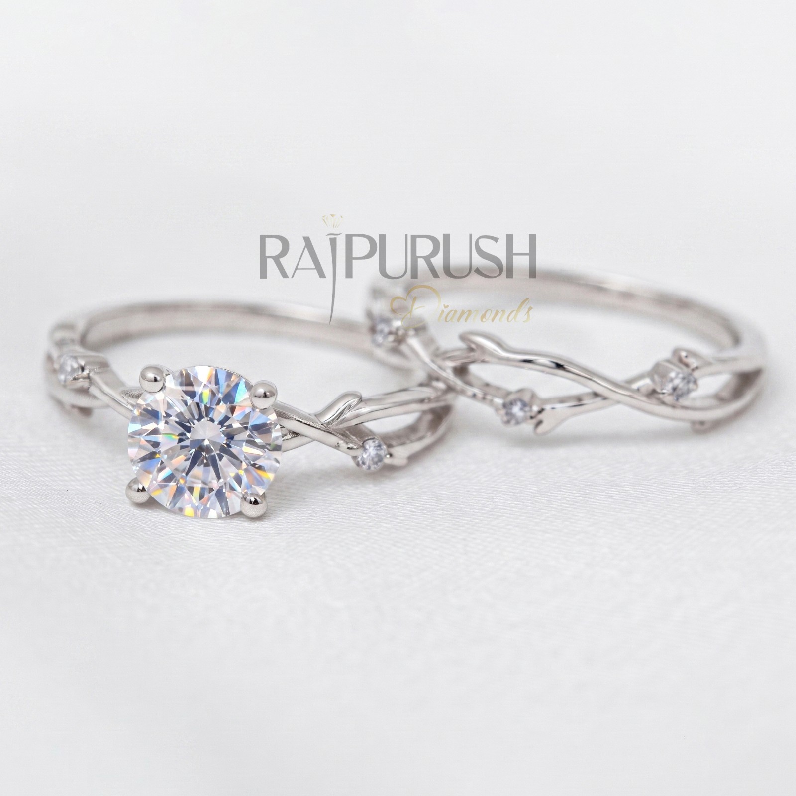 Round Moissanite Engagement Ring Set Nature-Inspired Vine Band Sterling Silver
