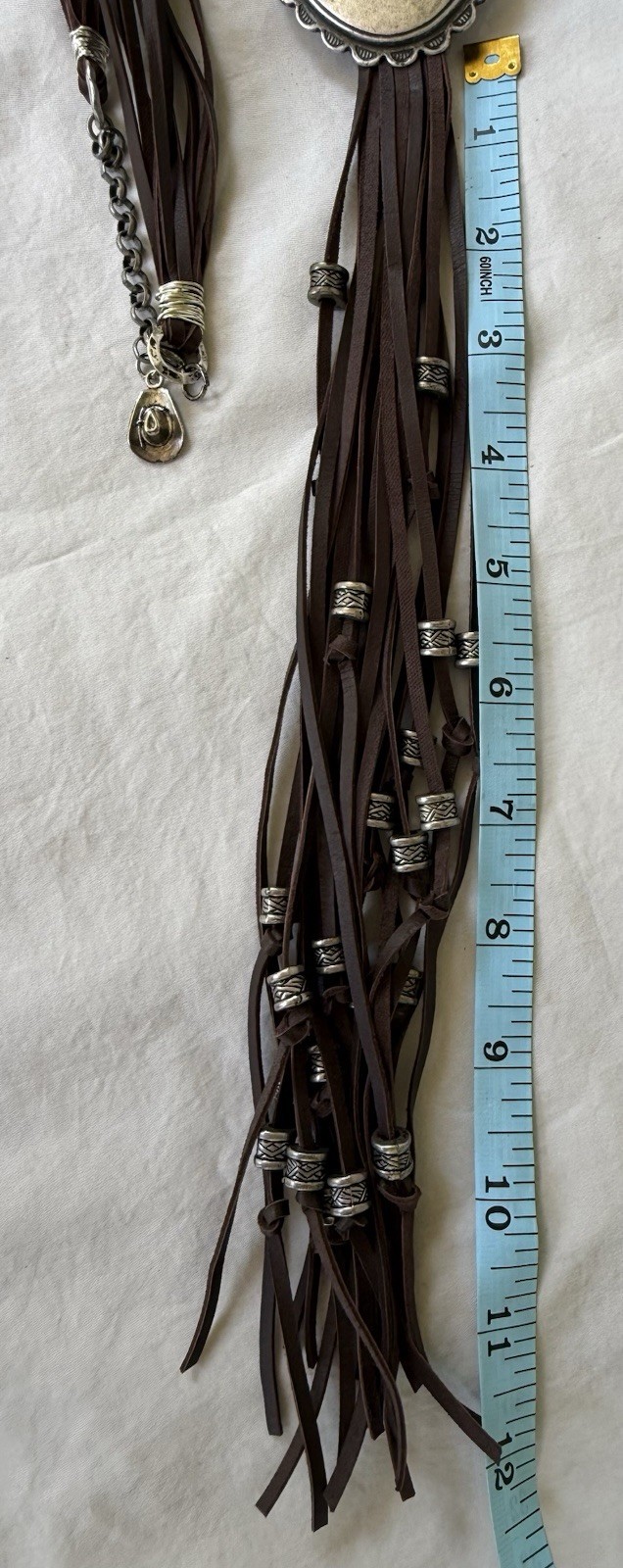 Brown Leather Fringe statement Concho Necklace Silver tone Adj 24”