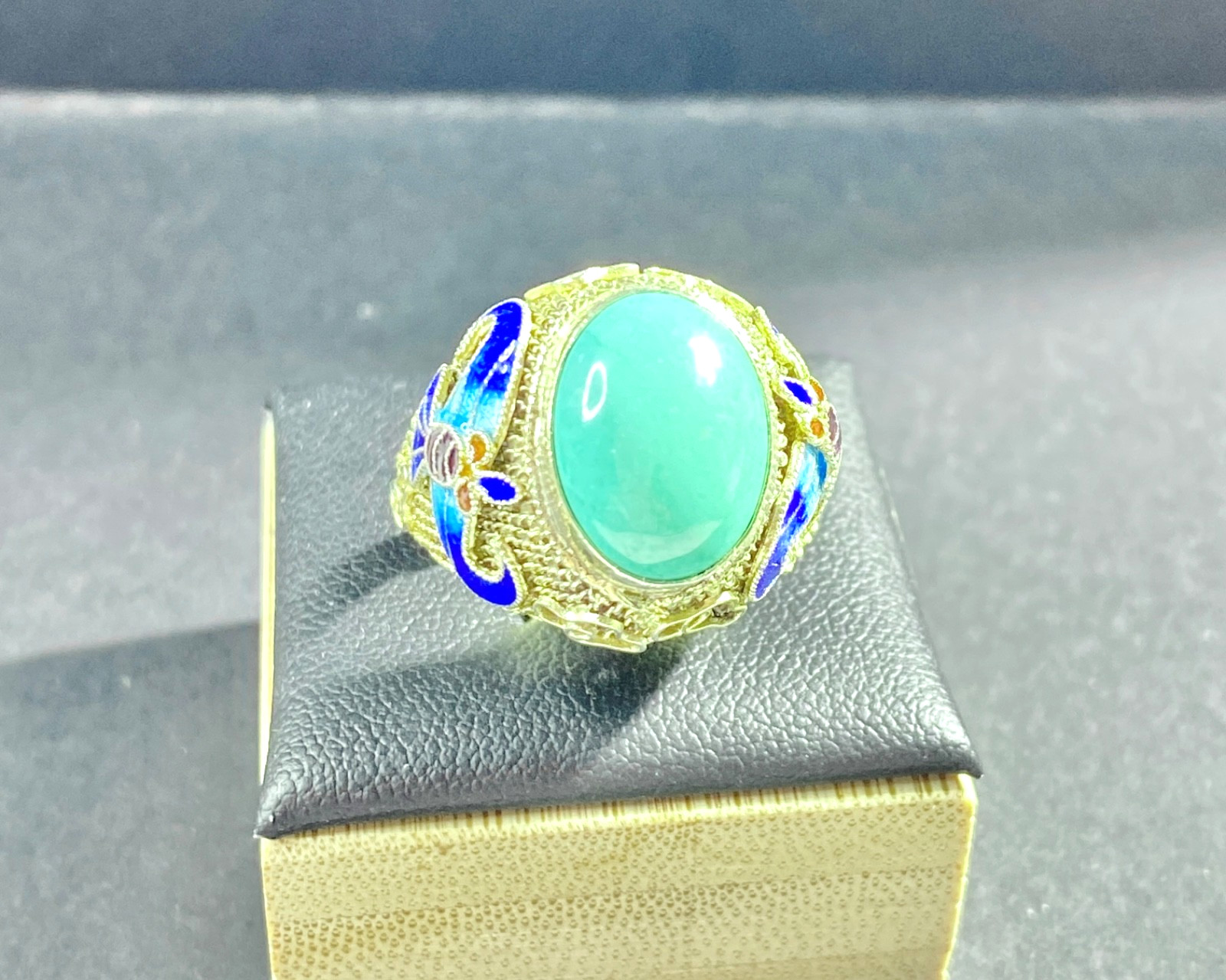 Vintage Chinese Export Silver Vermeil Turquoise & Enamel Adjustable Sized Ring