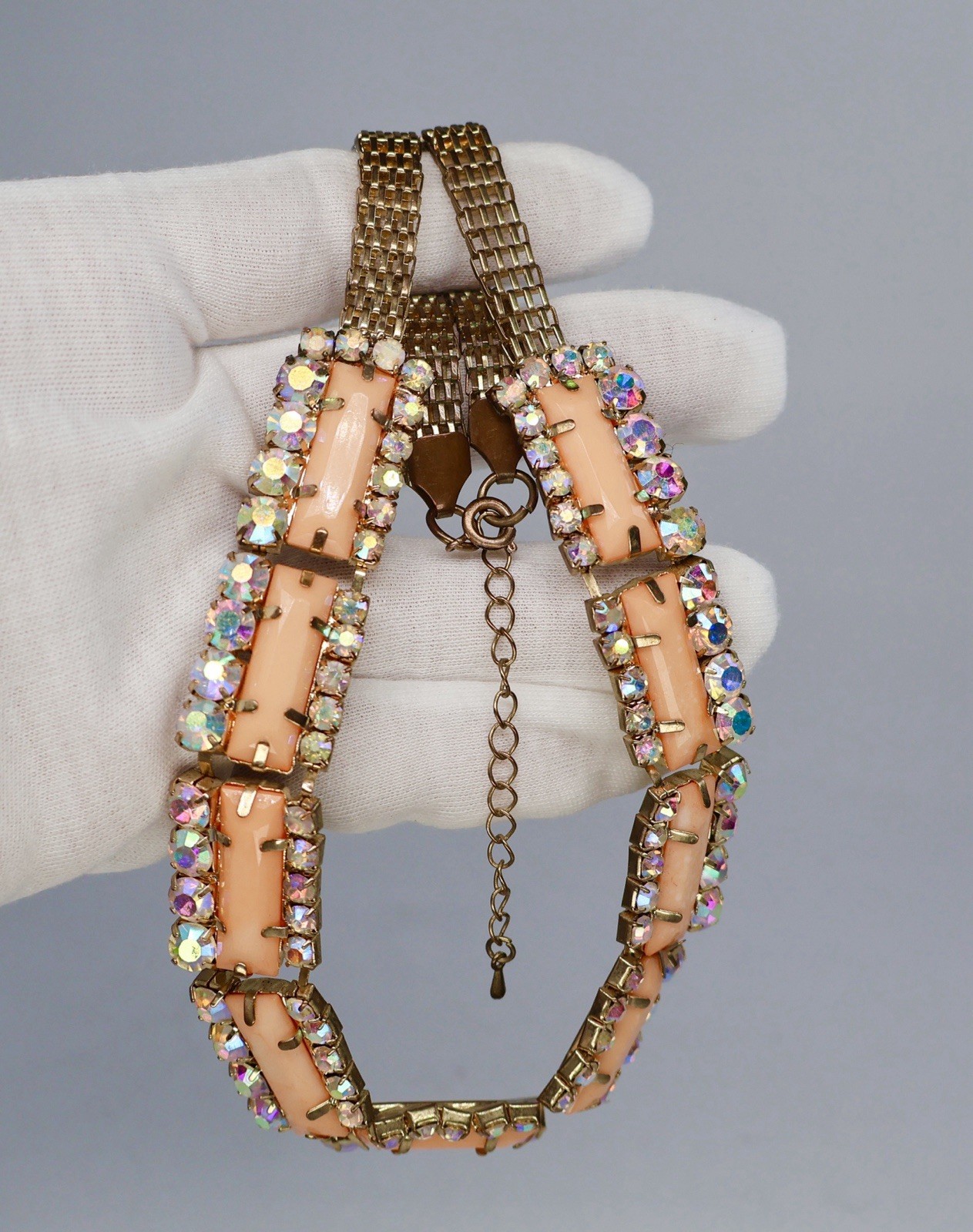 Vintage Statement Necklace AB Rhinestones Orange Peach Acrylic Baguette 18″