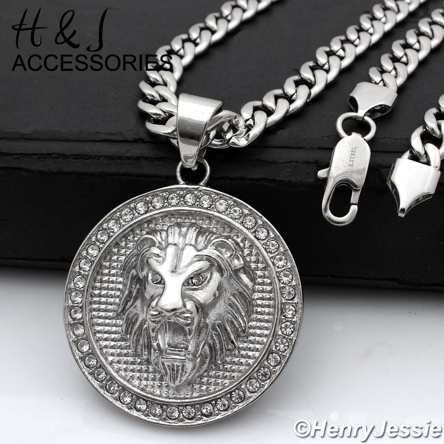 18-40″MEN Stainless Steel 6mm Silver Cuban Curb Chain CZ Lion Head Pendant*AP109