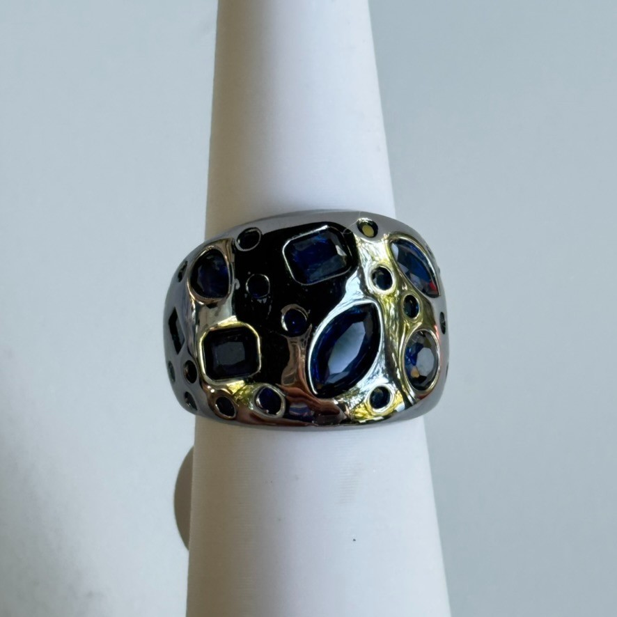 Bomb Party September Ring Size 5 LC Sapphire on Hematite “Woke Up Royal”