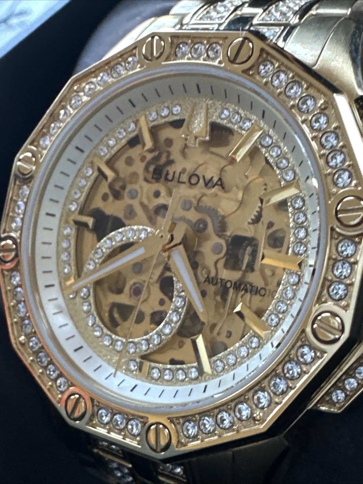 Bulova Men’s Crystal Automatic Skeleton Gold Stainless Steel Watch 42 MM 98A292