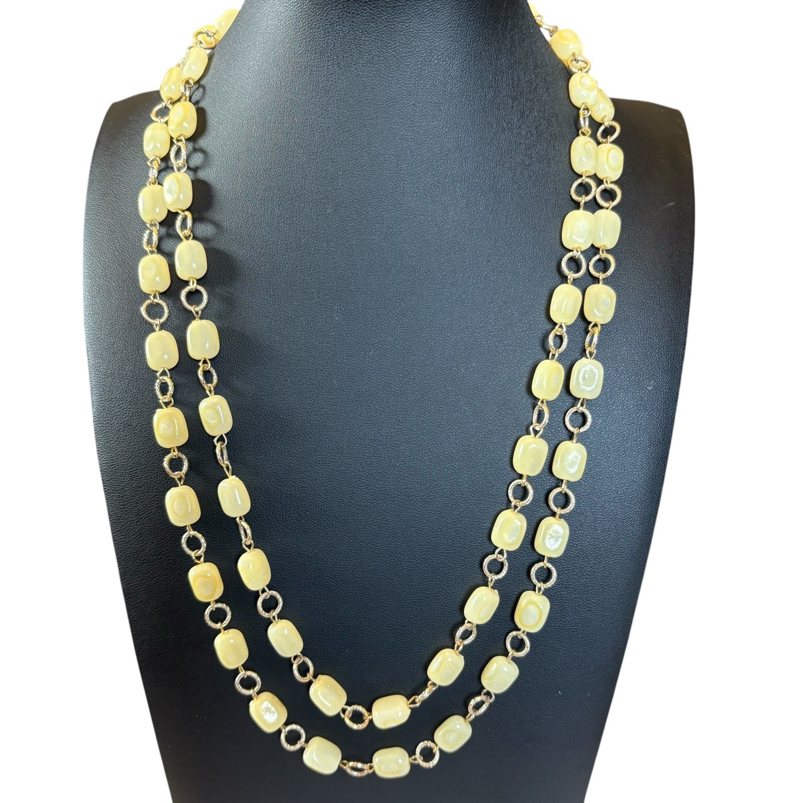 Pale Yellow Beaded Necklace Plastic Long Continuous Strand Gold Tone VTG Light