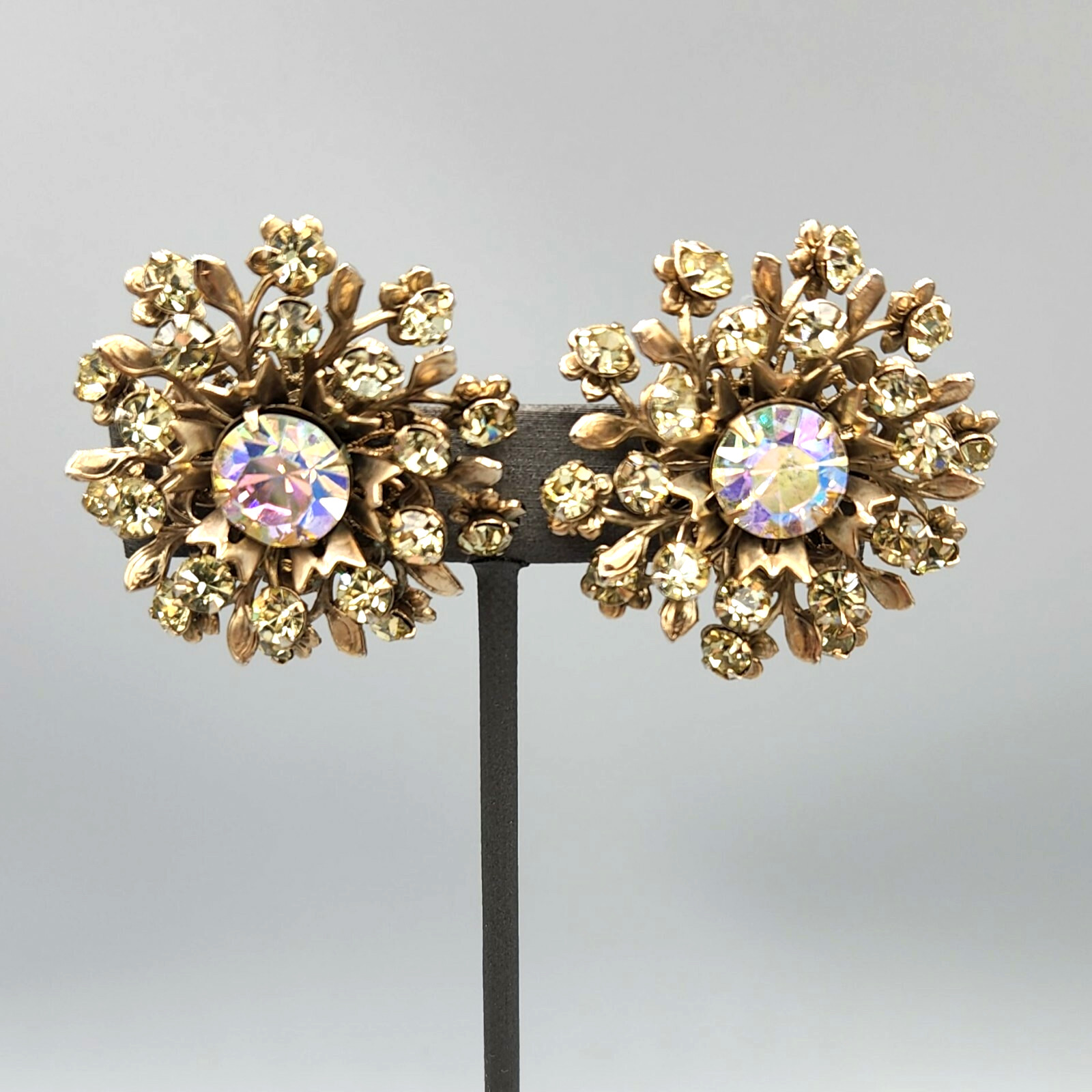 Large Jonquil and Aurora Borealis Rhinestone Gold Tone Fiigree Clip Earrings