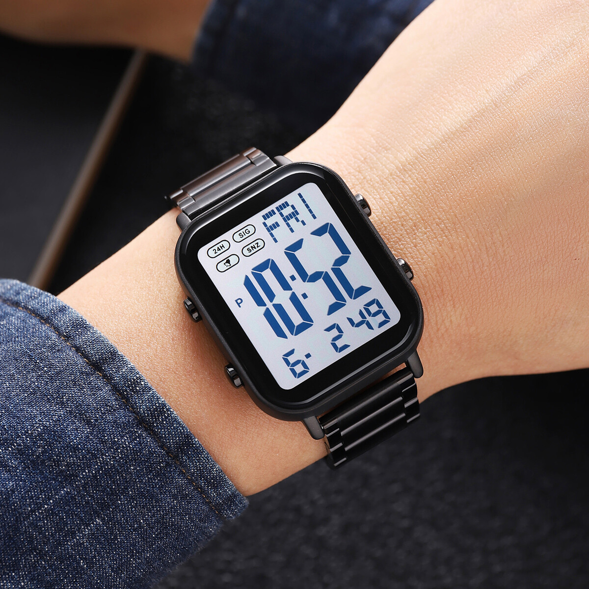 NEW Men Watch Rectangle Digital Wristwatch Full Steel Electronic Digital Watch