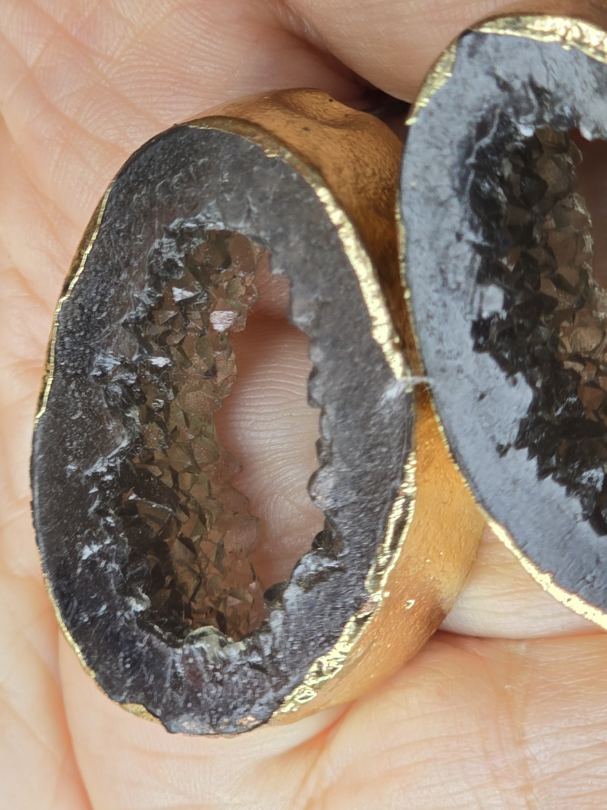 Geode Druzy Statement Earrings Gold Tone Black Crystal Slice Jewelry #262