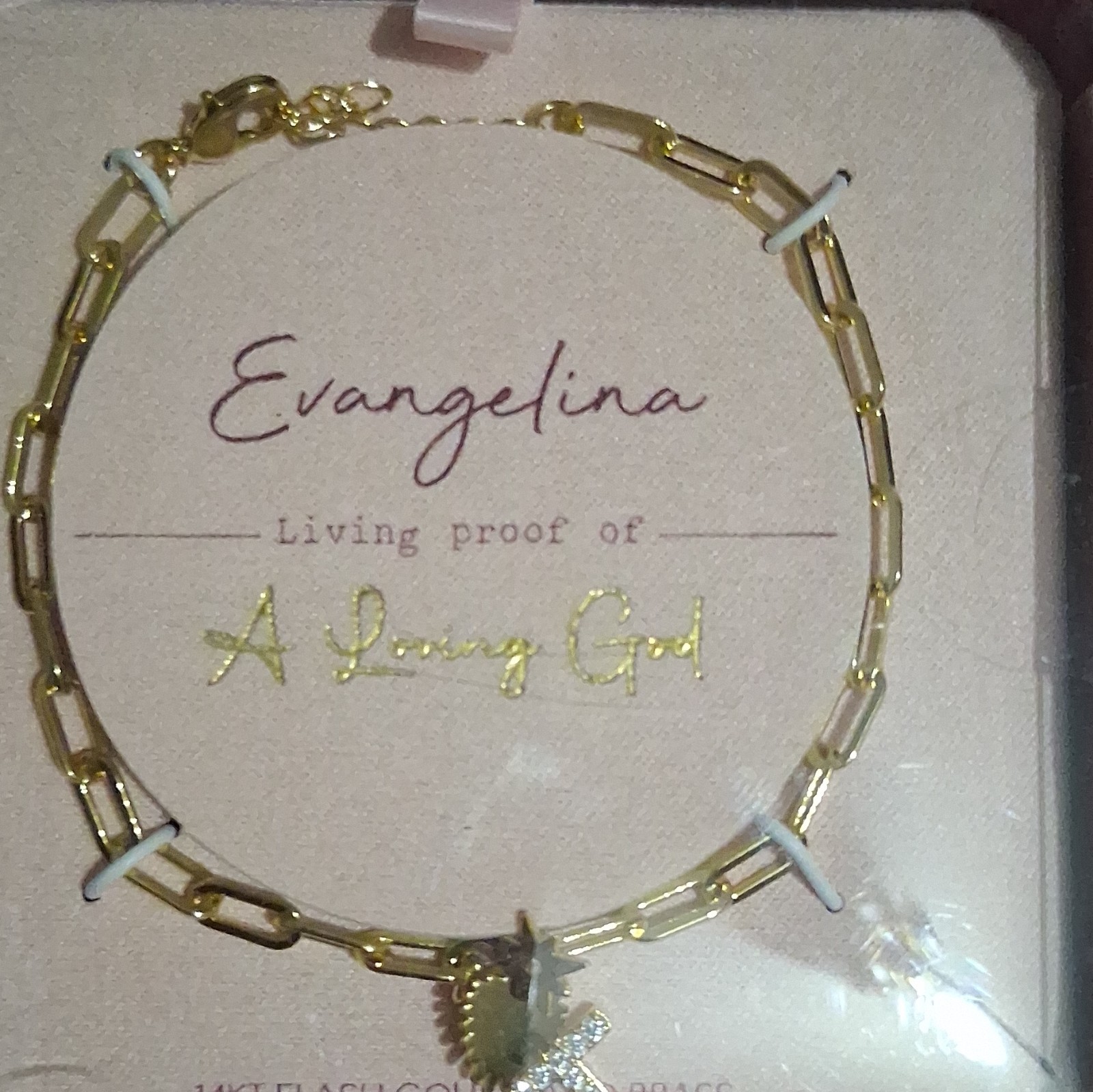 Evangeline Gold-Tone Brass Paperclip Chain CZ Cross Charm Necklace Lobster