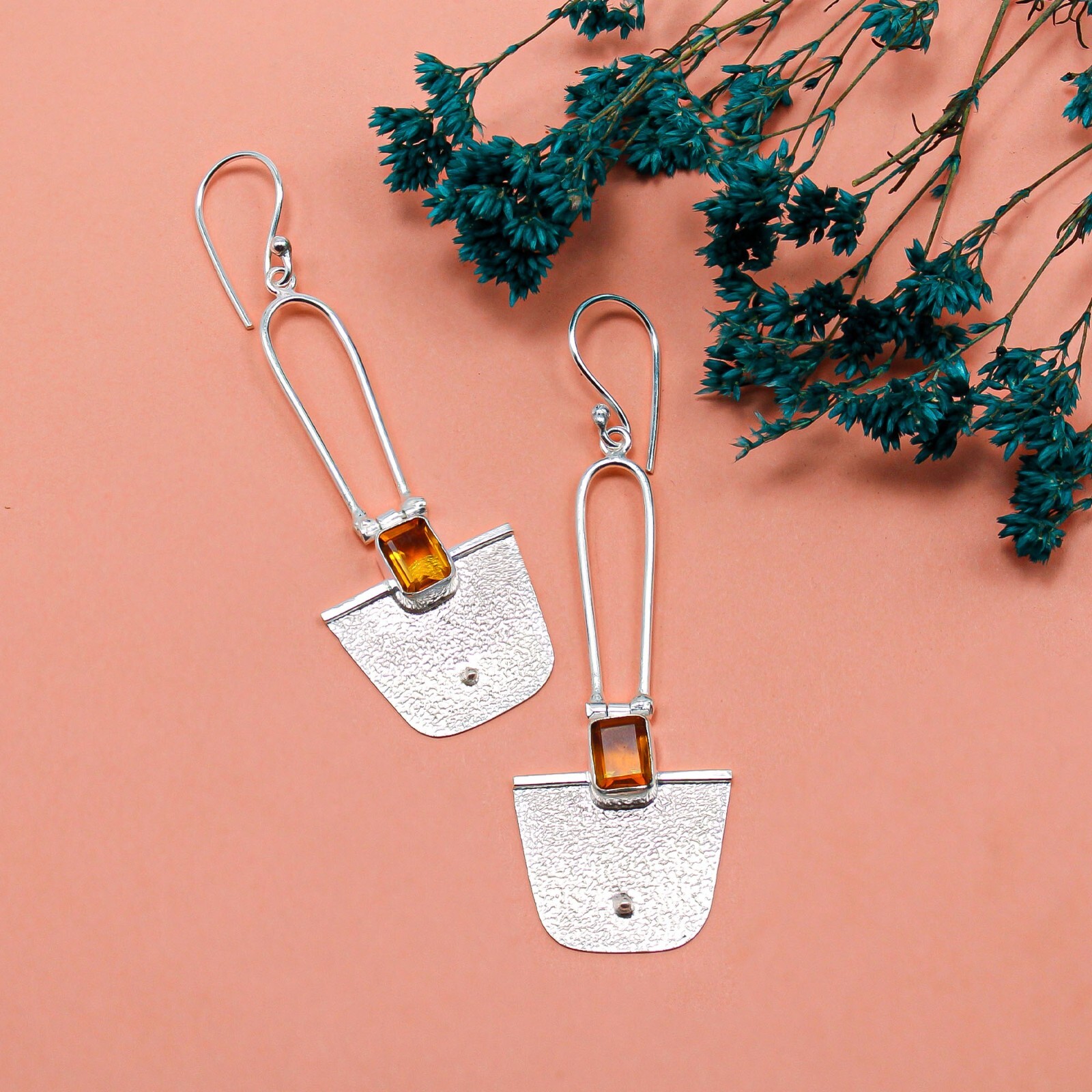 Citrine Gemstone 925Sterling Silver Jewelry Handmade Earrings 2.2″ Birthday Gift