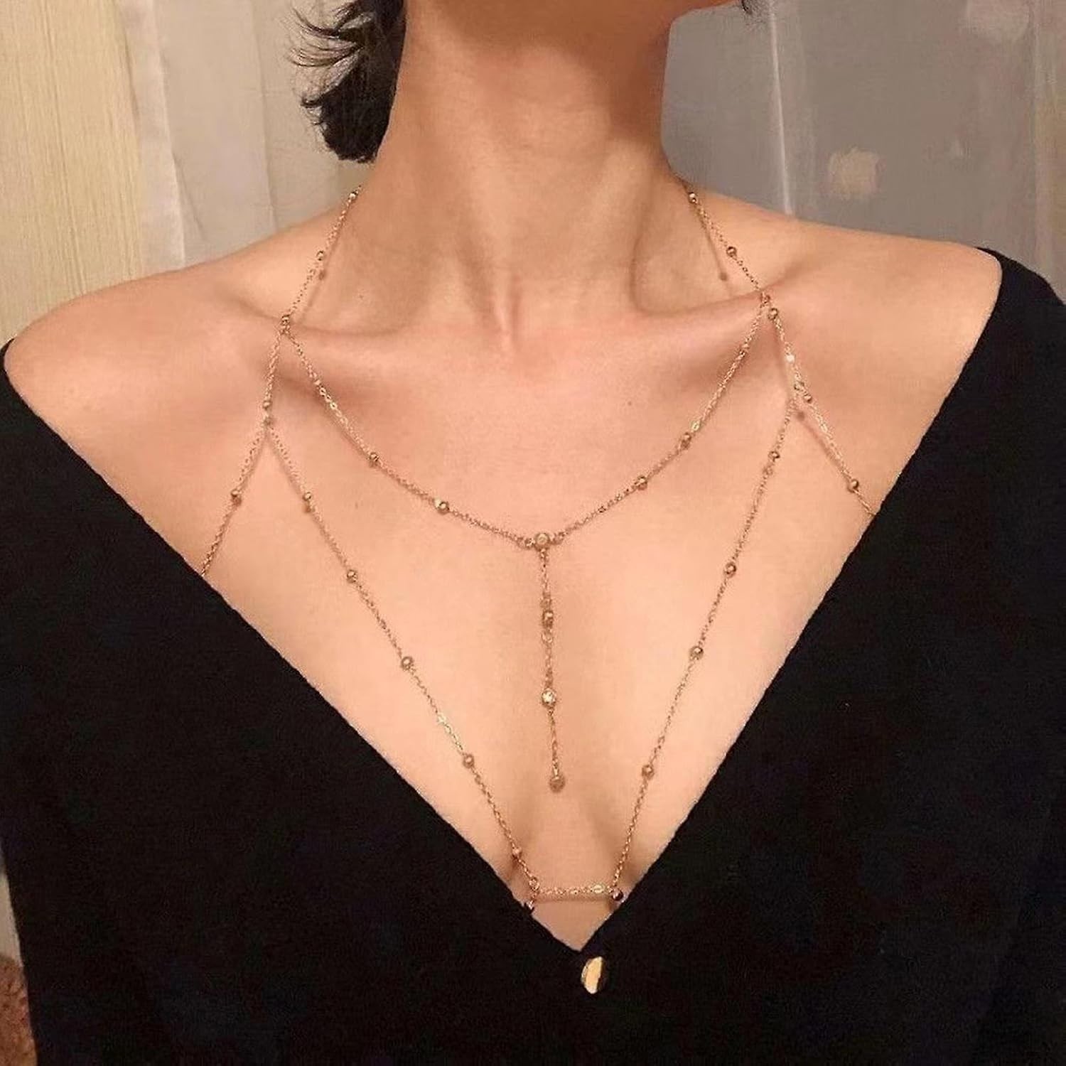 Versatile 14K Gold Plated Bikini Bra Chain with Summer Rhinestone Accents