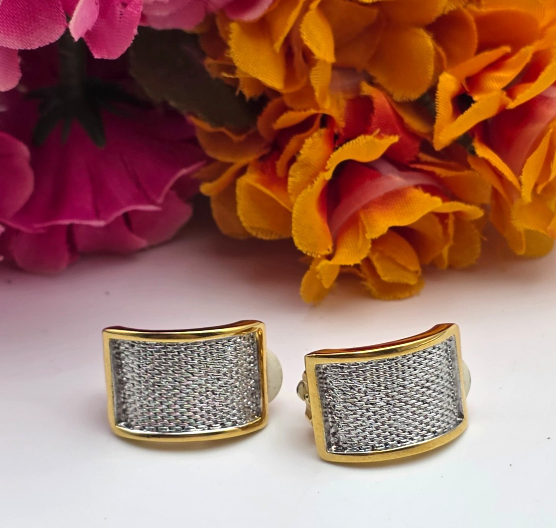 Premier USA Gold Tone Silver Textured Half Hoop Clip On Earrings 22.4mm Vintage