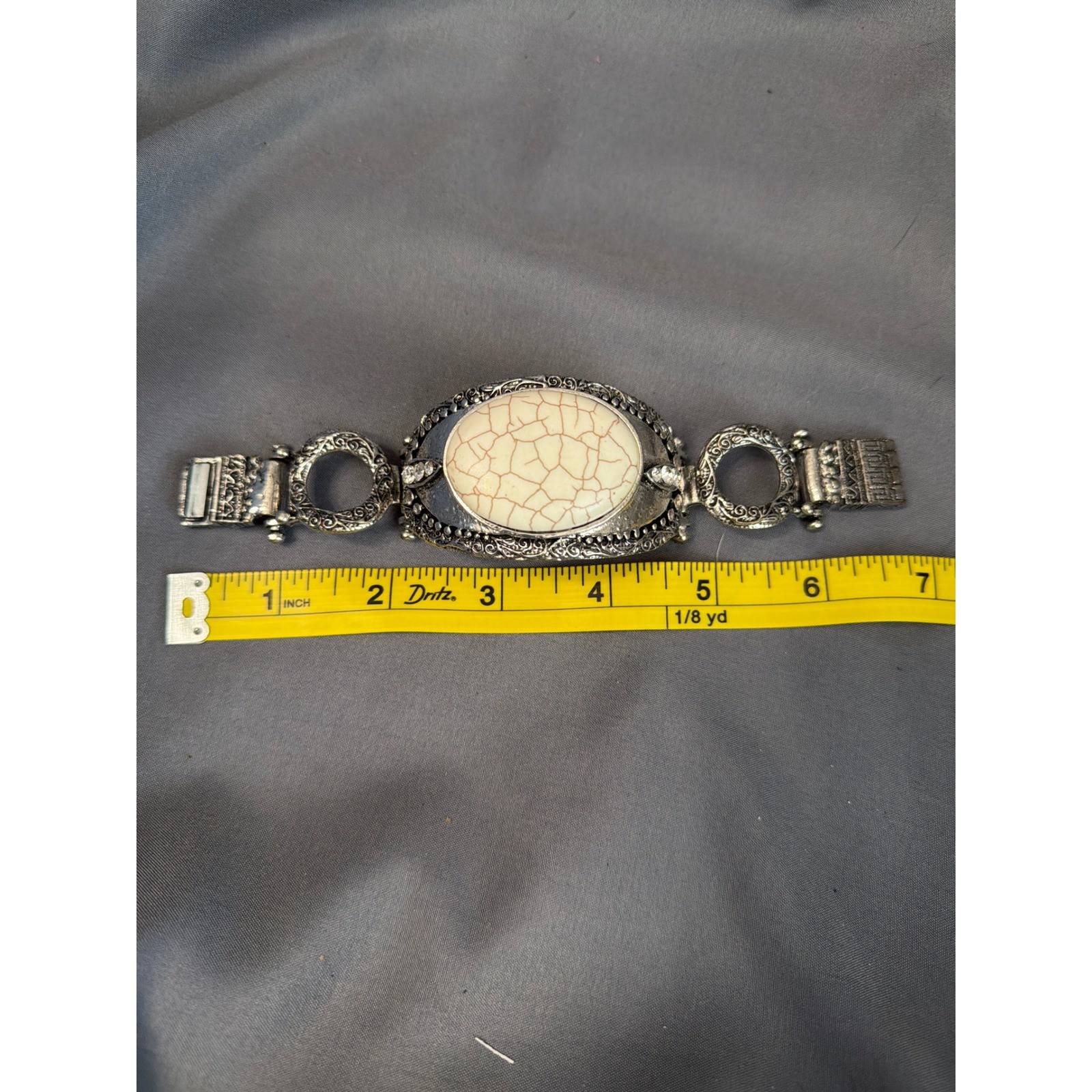 Vintage Silver Tone Faux White Turquoise Crackle Stone Hinged Cuff Bracelet