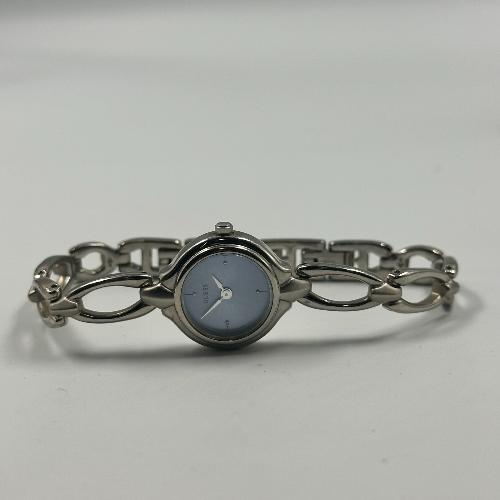 Guess Watch Women Silver Tone Small Blue Dial 19MM New Battery 7.25 Inch