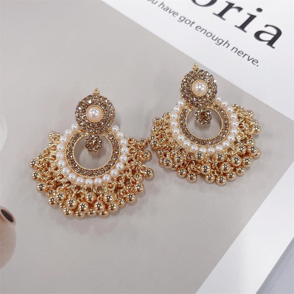 Vintage Beaded Tassel Dangle Drop Earrings Statement Boho CZ Simulated