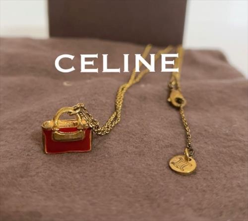 CELINE Necklace Handbag Motif Pendant Enamel Red Gold Length: 20.5 in.Vintage