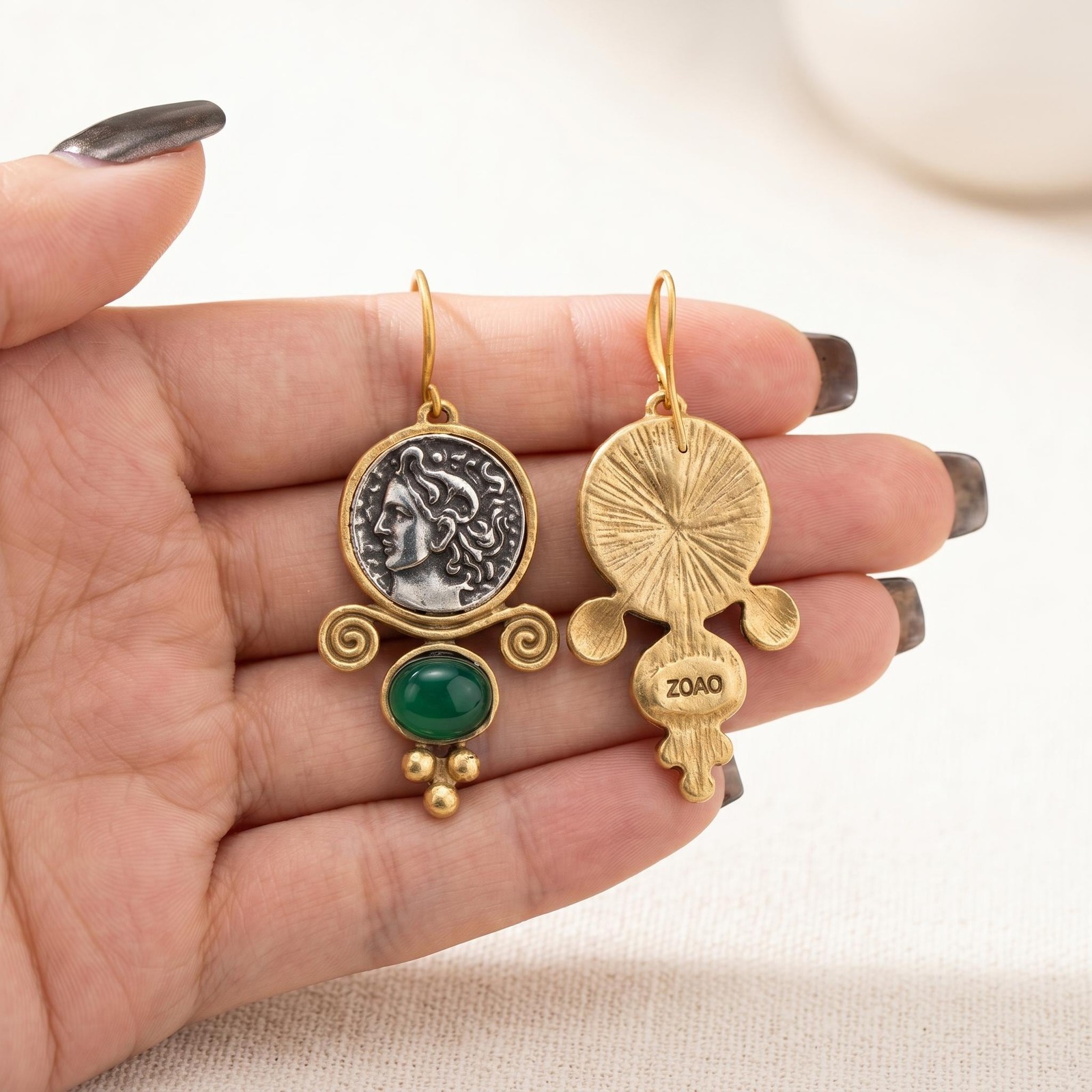 Roman Coin Drop Earrings Gold Antique Green Agate Vintage Portrait Dangle Hook