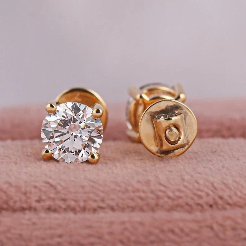 6mm Round Real VVS1 Moissanite 14K Yellow Gold Plated Stud Solitaire Earrings