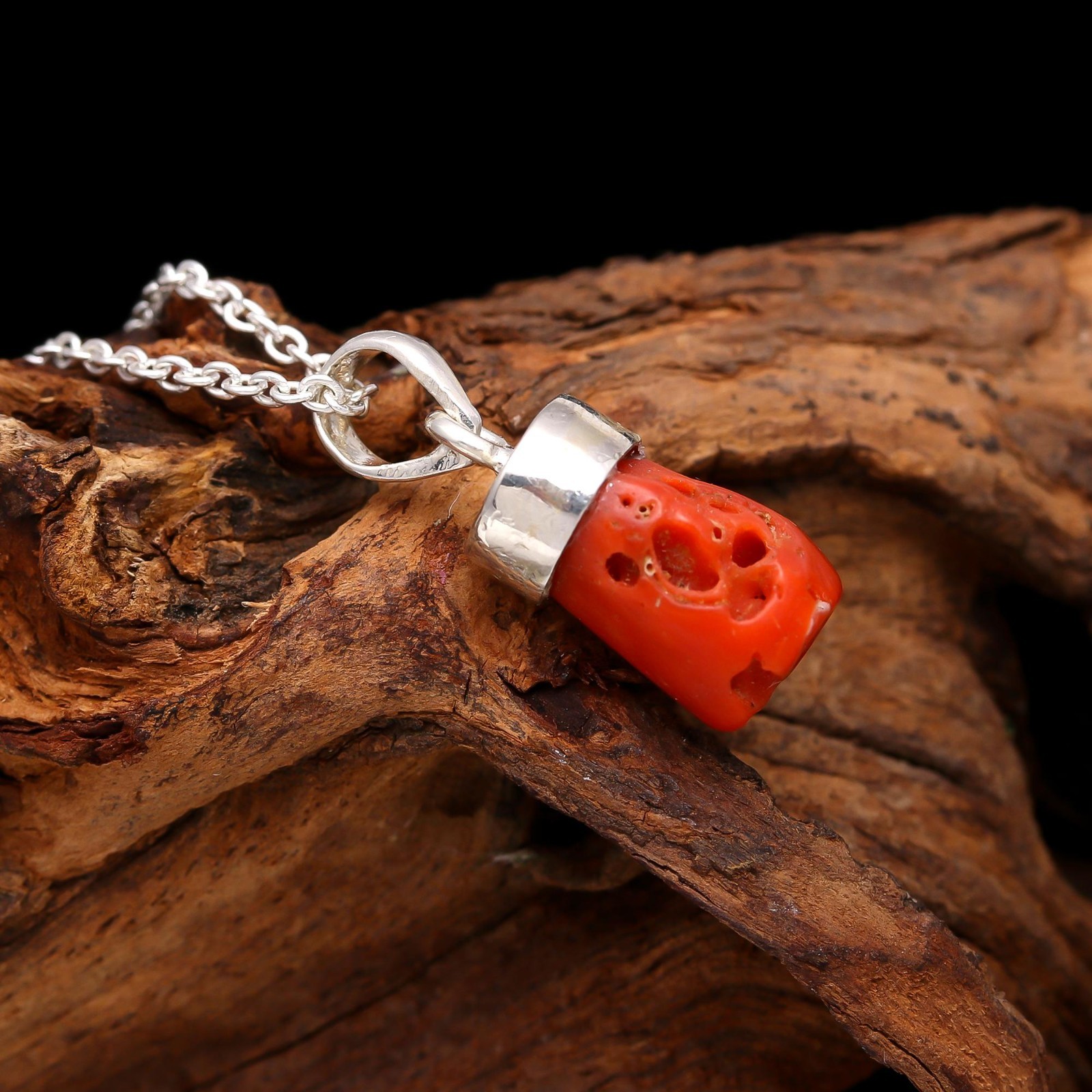 Natural Italian Red Coral Rough Chain Necklace Solid Silver Jewelry Gift For Her
