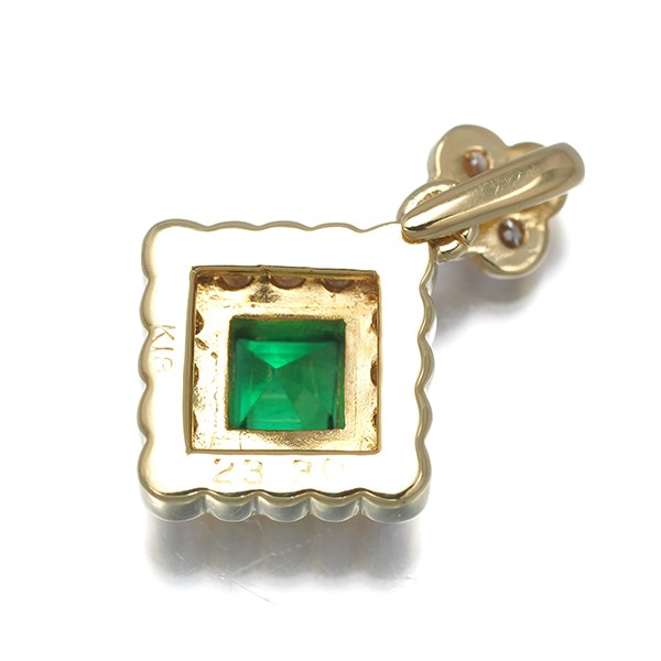 Emerald 0.23ct Diamond 0.30ct Drop Flower Pendant 18K 750 Yellow Gold