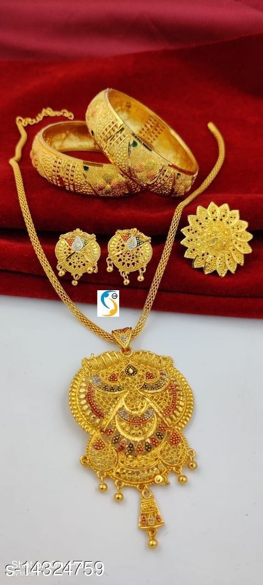 GOLD PLATED BANGLE, PENDANT SET WITH CHAIN & ADJUSTABLE RING COMBO JEWELLERY