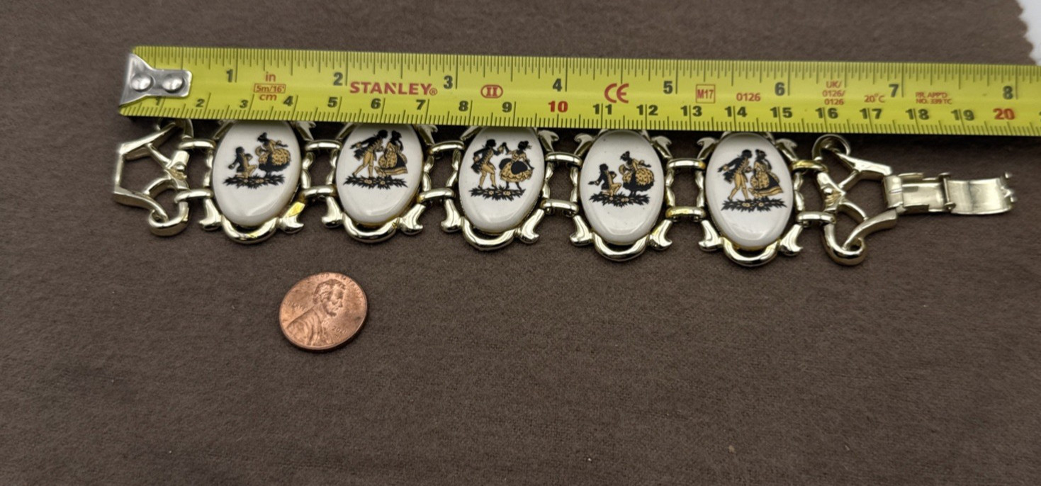 Vintage Countess Porcelain Courting Couple Bracelet Black Gold on White