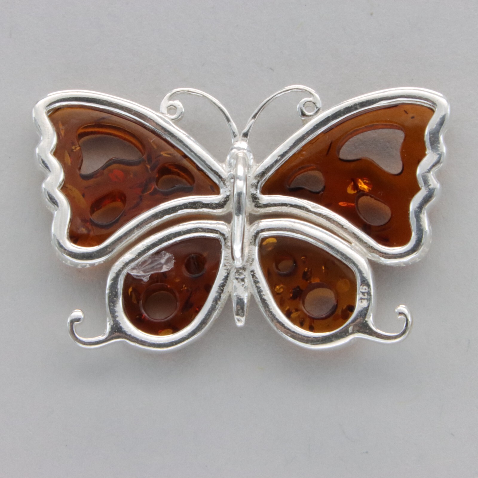 Cognac / Brown BALTIC AMBER Butterfly Pendant – 925 STERLING SILVER Poland 3183e