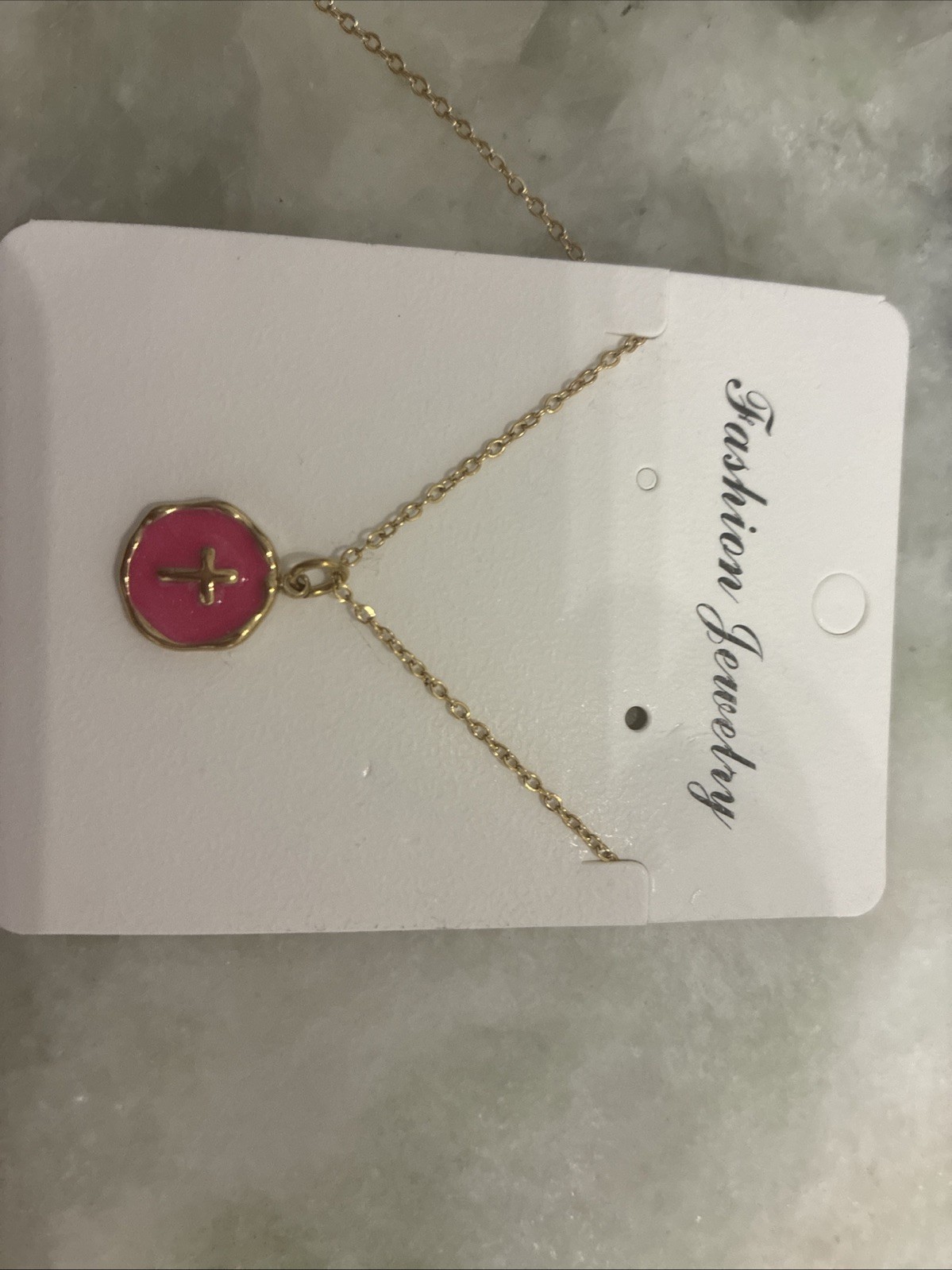 Gold Pink Cross Necklace