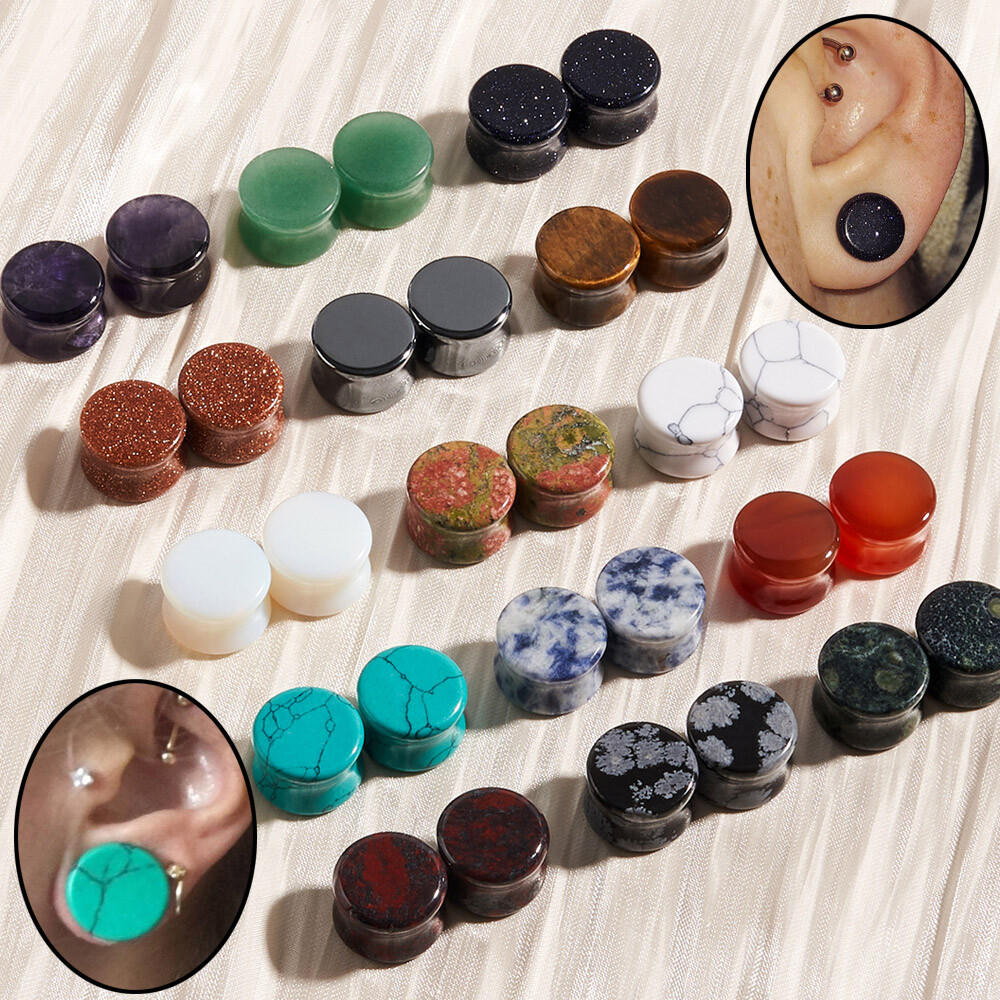 2Piece Natural Stone Ear Gauges Ear Plugs Earlets Double Flared Piercing 2g-5/8″